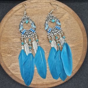Teal & Silver Boho Style Bead & Feather Tassel Dangle Earrings
